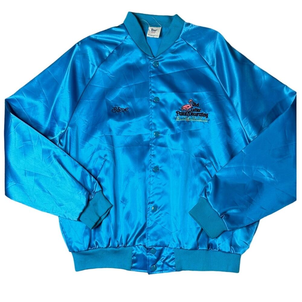 Vintage Satin Jacket "Steve" Embroidered Flamingo 80s Style Size Large